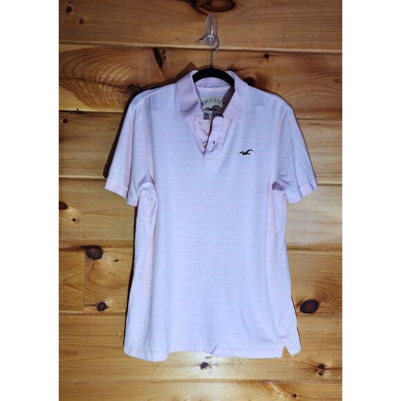 Hollister Polo Shirt Men's Size Large Pink White Striped Logo Short Sleeve - Picture 1 of 7